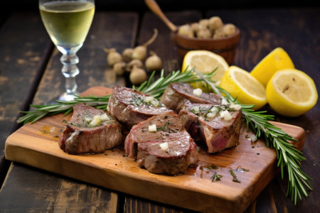 garlic and rosemary marinated lamb chops beside a chilled saison, created with generative aiの素材