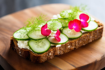 open-faced rye bread sandwich with cucumber and radish slices, created with generative aiの素材