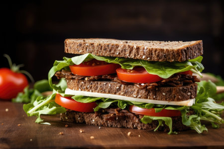 a rye bread sandwich with fresh lettuce and tomatoes, created with generative aiの素材