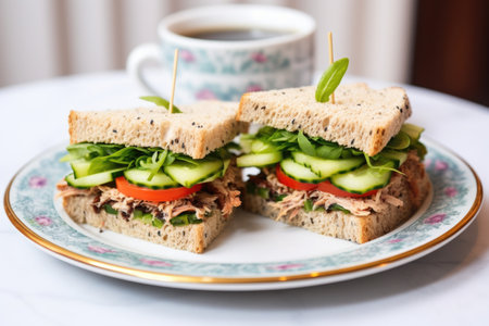 shot of two sandwiches filled with tuna and cucumber, with side salad, created with generative aiの素材