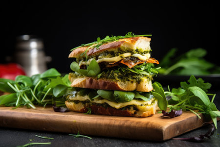 artisan bread sandwich filled with seasonal herbs, created with generative aiの素材