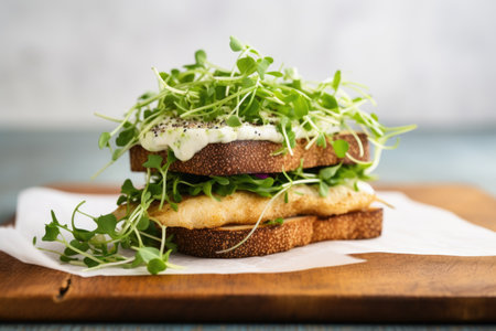 sandwich with microgreens, fish, and horseradish sauce on sesame bread, created with generative aiの素材