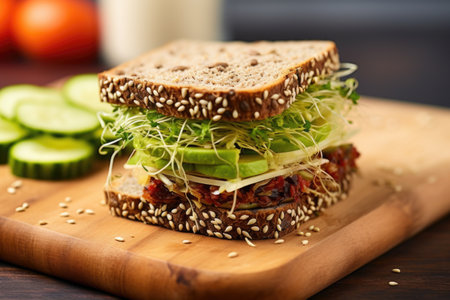 sandwich with pickles and sprouts on a grain bun, created with generative aiの素材