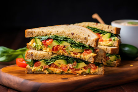 sandwich with spicy mayo and fresh array of vegetables, created with generative aiの素材