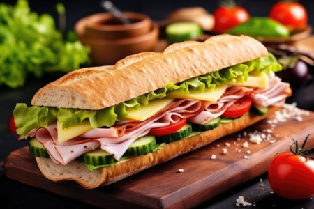 submarine sandwich with ham, cheese, lettuce, tomatoes, cucumbers, created with generative aiの素材