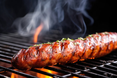picture of a sausage on a grill, focused on smoke rising from it, created with generative aiの素材