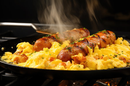 shot of a sausage being cooked along with scrambled eggs, created with generative aiの素材