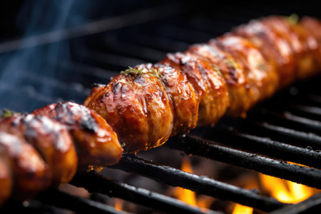 close up of sausage with visible grill lines, created with generative aiの素材