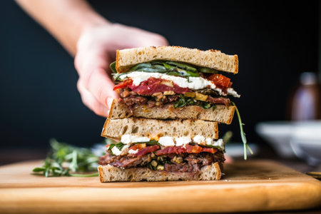 hand holding a savory sausage sandwich ready to eat, created with generative aiの素材