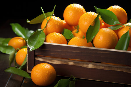 fresh oranges spill out of a rustic wooden crate, created with generative aiの素材