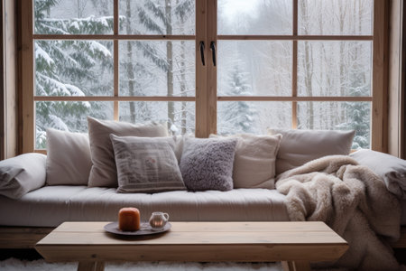 snowy window view with a cozy couch, created with generative aiの素材