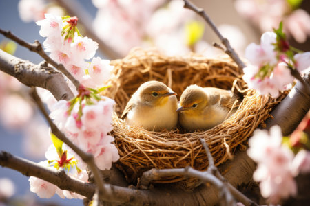 a nest with birds resting in spring, created with generative aiの素材