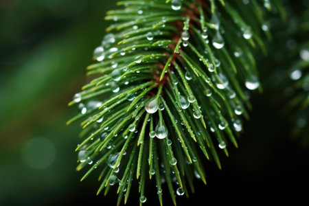 real christmas tree with droplets of water on the pine needles, created with generative aiの素材