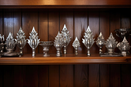 an array of silver menorahs on a wooden shelf, created with generative aiの素材