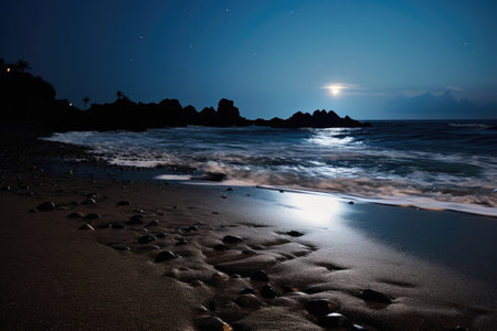 tranquil view of waves lapping a shore at night, created with generative aiの素材