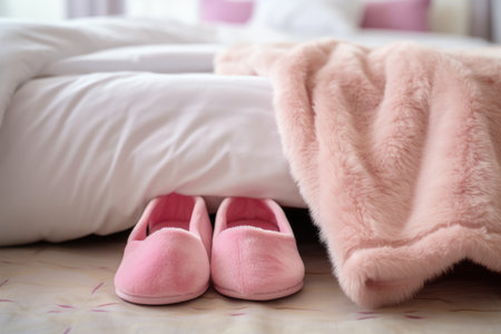 pair of soft slippers next to a bed, created with generative aiの素材
