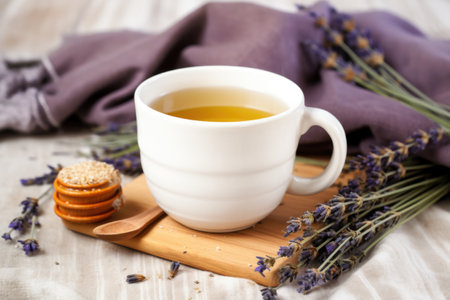 hot tea steaming in a ceramic mug next to a lavender sachet, created with generative aiの素材