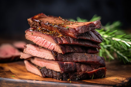 vertical stack of smoked beef brisket slices, created with generative aiの素材