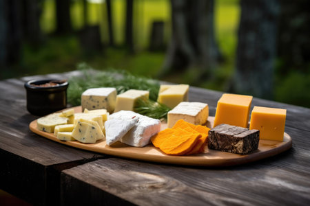 smoked cheese varieties on a picnic table, created with generative aiの素材
