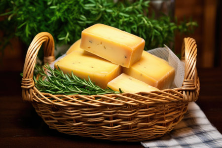 smoked cheese piled in a wicker basket, created with generative aiの素材