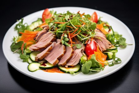 smoked duck salad with fresh vegetables, created with generative aiの素材