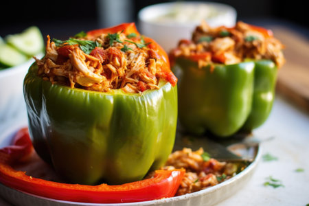 single smoked stuffed pepper cut in half to expose stuffing, created with generative aiの素材