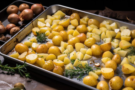 arranging smoked potatoes on a baking tray, created with generative aiの素材