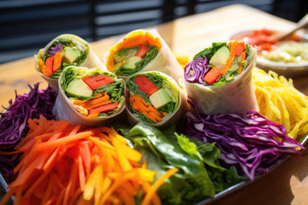 brightly colored vegetable assembly inside bbq wrap, created with generative aiの素材