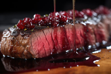 detail of steak texture under red wine reduction glaze, created with generative aiの素材