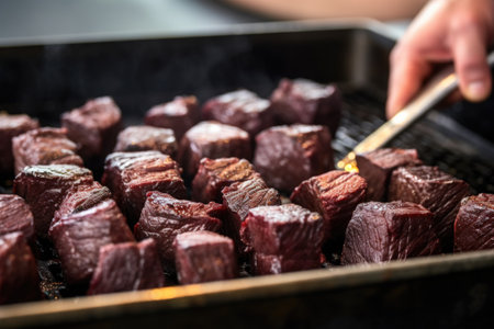 hand skewering stout-marinated beef brisket cubes for grilling, created with generative aiの素材
