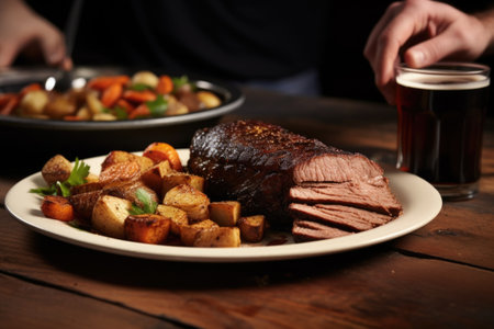 hand styling a plate of beef brisket with a stout beer next to it, created with generative aiの素材