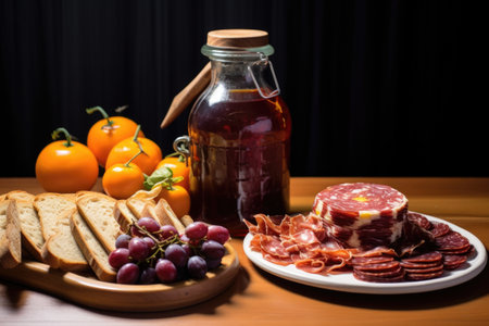 embutidos cured meats spread with a ceramic jug of sangria, created with generative aiの素材