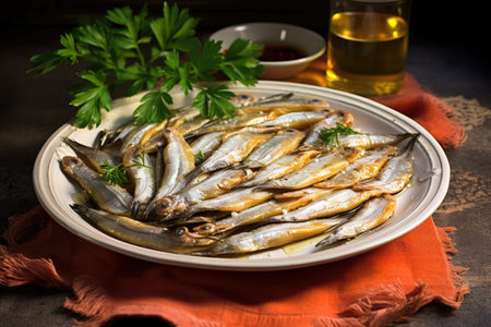 boquerones marinated white anchovies on a textured ceramic plate, created with generative aiの素材
