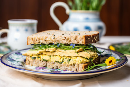 camomile infused hummus sandwich on a cream porcelain plate, created with generative aiの素材
