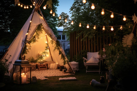 backyard teepee decorated for summer solstice, created with generative aiの素材