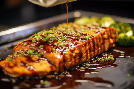 close-up of simmering teriyaki sauce on tofu steak, created with generative aiの素材