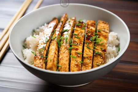 fresh tofu steaks in teriyaki marinade inside a bowl, created with generative aiの素材