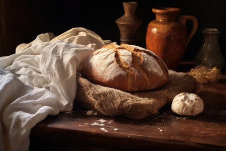 freshly baked bread wrapped in a cotton cloth, created with generative aiの素材