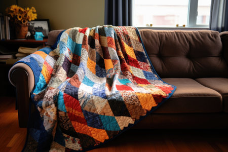 patchwork thankful blanket on a couch, created with generative aiの素材