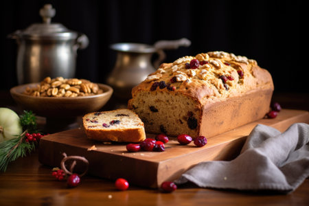 homemade loaf of cranberry walnut bread on a breadboard, created with generative aiの素材