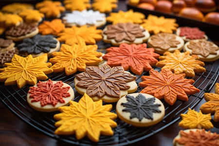 variety of autumn-themed cookies on a cooling rack, created with generative aiの素材