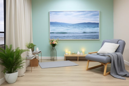 view of a calming seascape painting in a therapy room, created with generative aiの素材