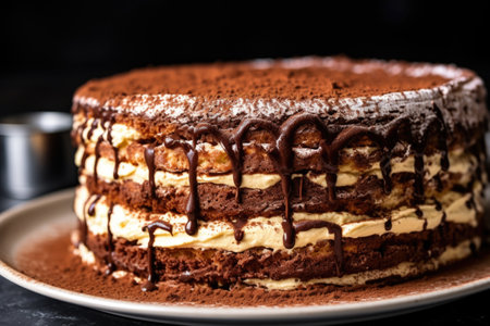 close up shot of a tiramisu cake dusted with cocoa powder, created with generative aiの素材