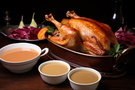 gravy in a boat next to a turkey platter, created with generative aiの素材