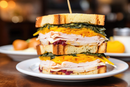 a tall triple decker sandwich with turkey, ham, and cheese, created with generative aiの素材