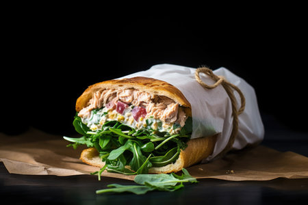 tuna salad sandwich wrapped in paper on a dark surface, created with generative aiの素材