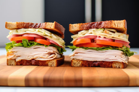 two identically made turkey sandwiches side-by-side, created with generative aiの素材
