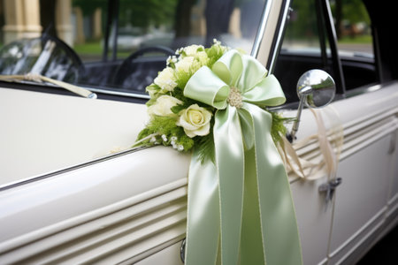 an elegant wedding car decorated with ribbons, created with generative aiの素材