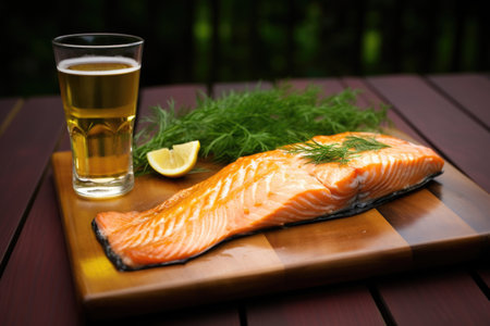 a glass of wheat beer beside cedar-planked salmon, created with generative aiの素材