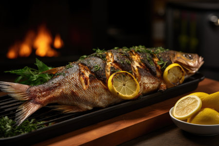 broad shot of a wood-fire grilled whole fish with lemon halves, created with generative aiの素材